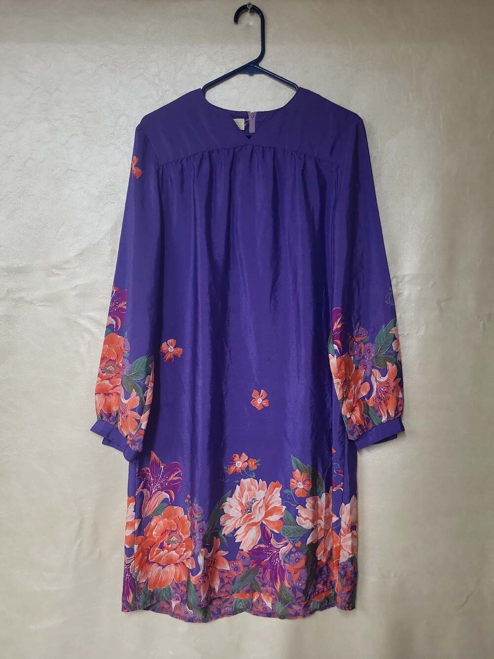 Vintage Sakowitz Purple Floral Long Sleeve Silk Dress